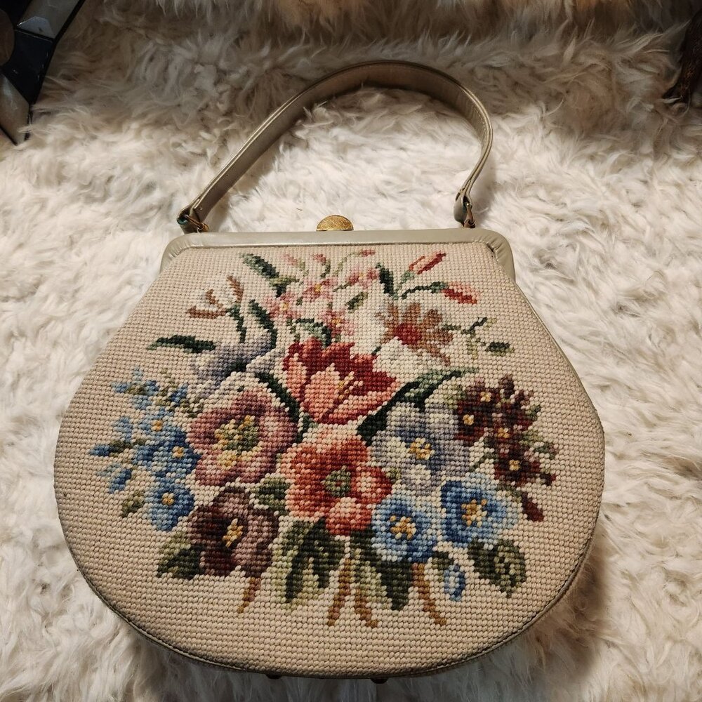 Vintage Floral Needlepoint Handbag Intricate Details MCM Cottage Fairy